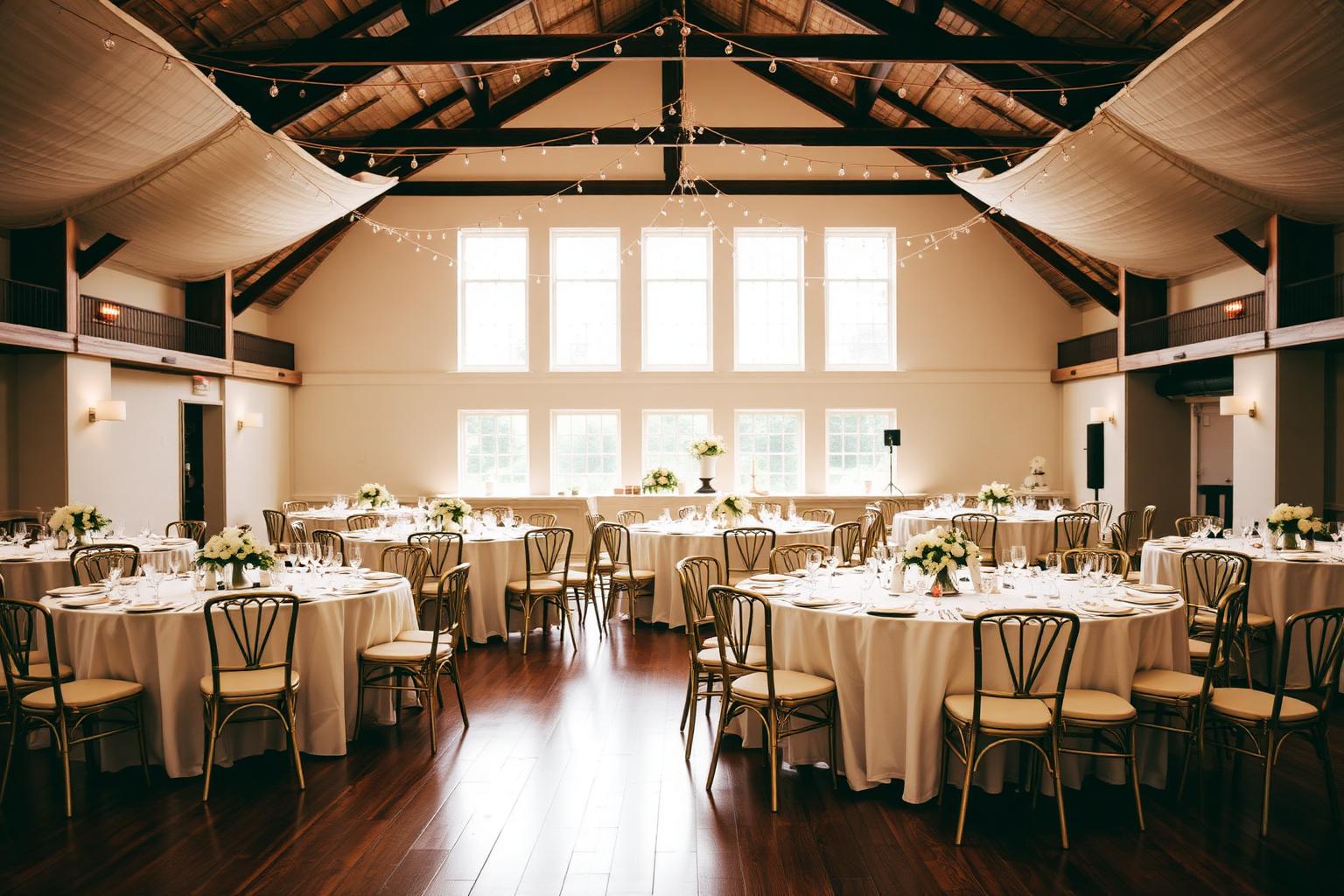 Feestelijk gedekte grote zaal met ronde tafels en sfeerverlichting in het Dorpshuis Hierden.