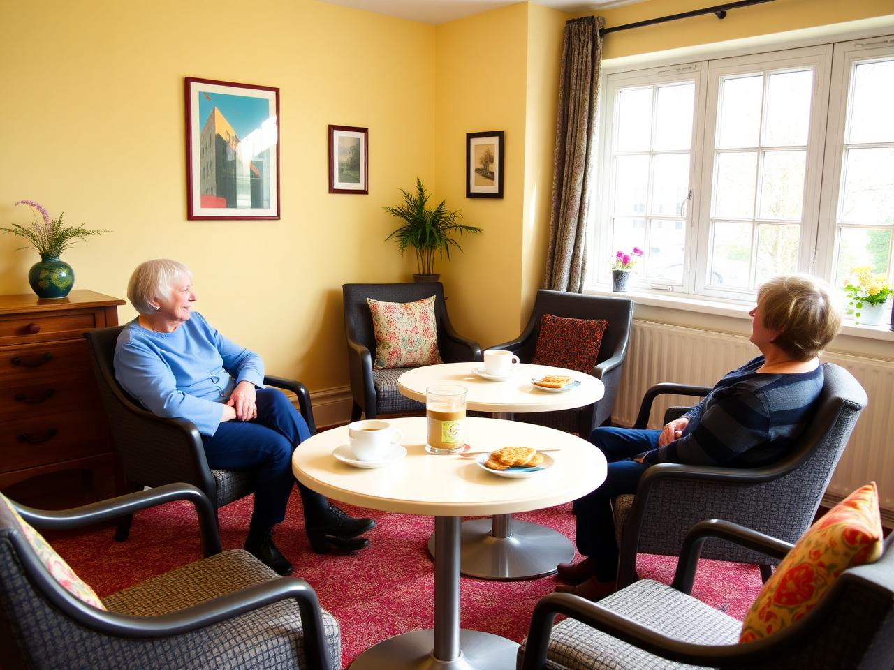 Zaal West in Dorpshuis Hierden: knusse zithoek met koffie en gebak tijdens een inloopochtend.